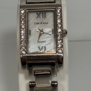 Cote d’Azur Silver Rhinestone Tank Watch Mother of Pearl Dial New Battery